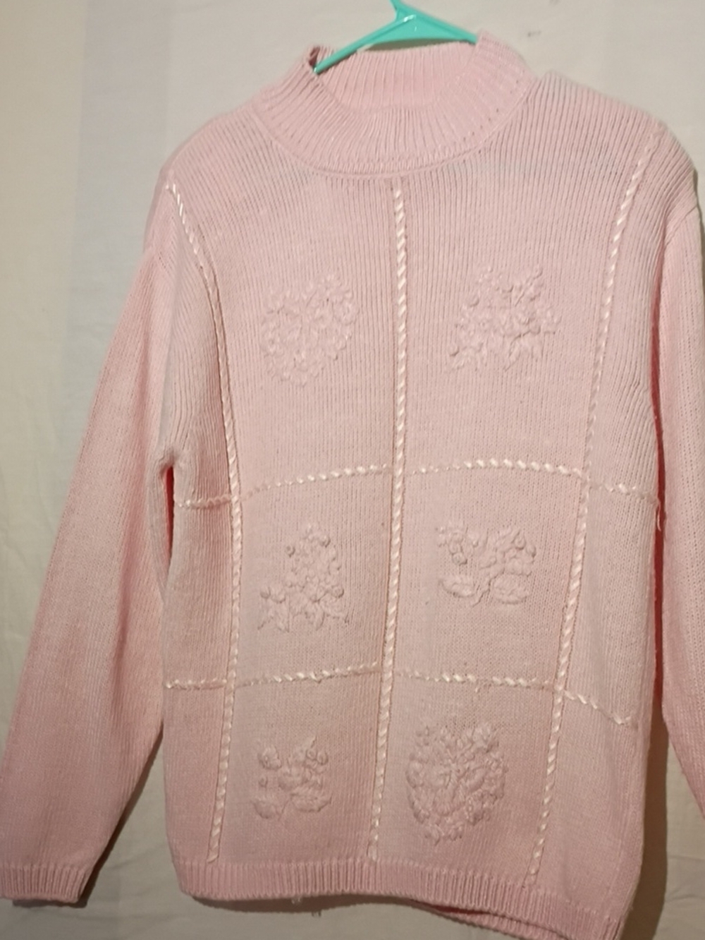 Vintage Pink Floral Embroidered Turtleneck Knit Sweater, Sz 6, NWOT